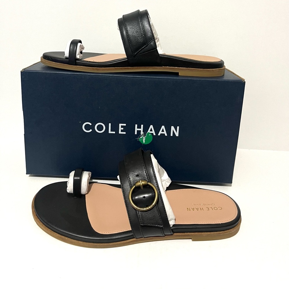 Cole Haan Black Leather Two-Strap Slide Sandals with Gold Buckle